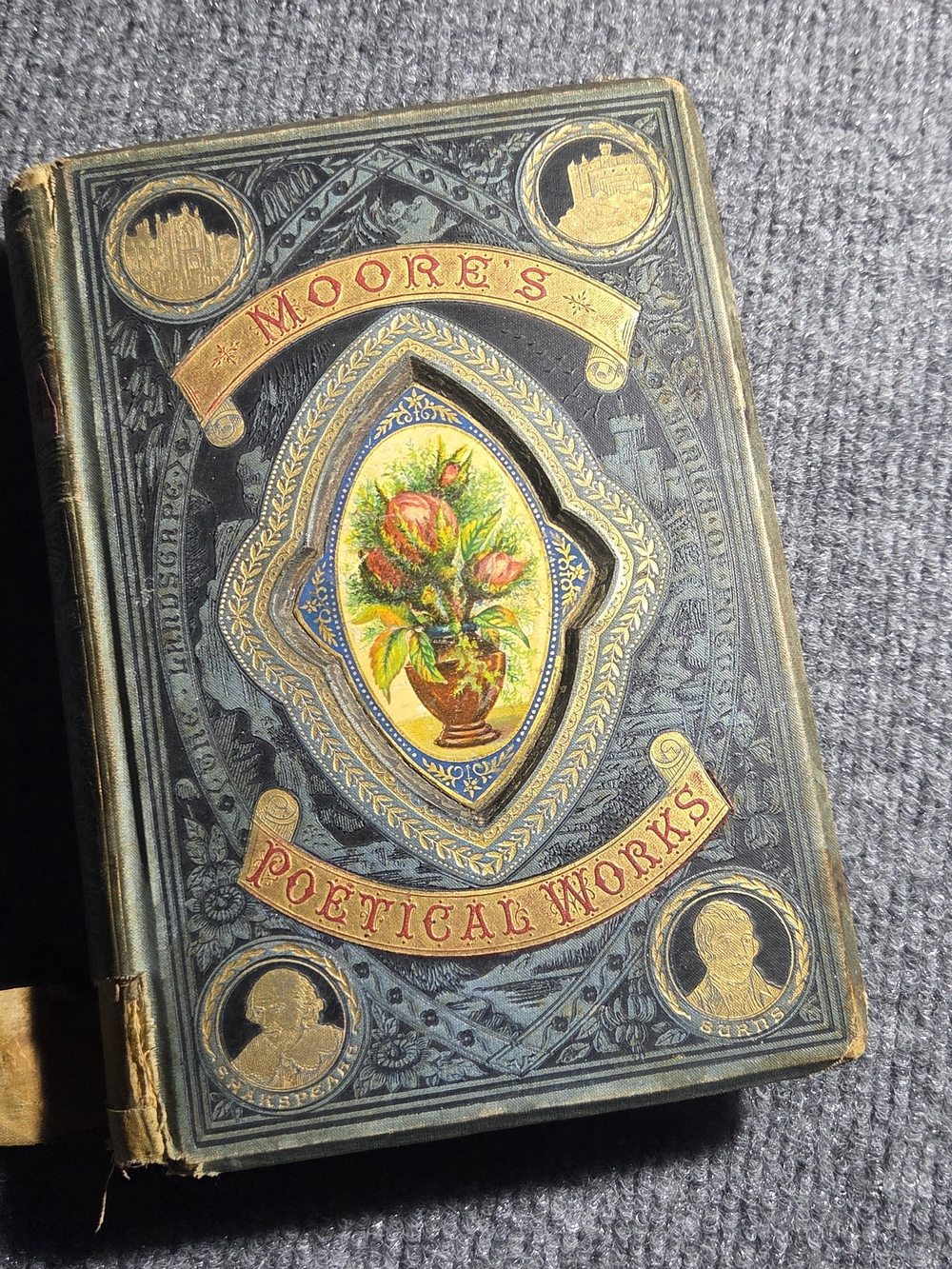 TitleAntique "Moore's Poetical Works" Victorian Book – Decorative Floral Onlay